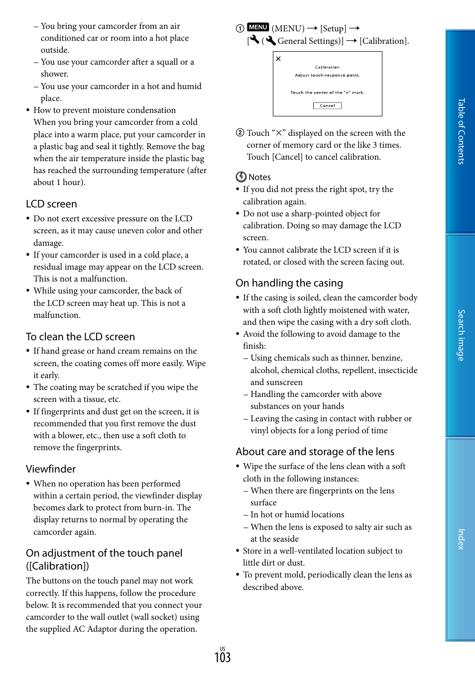 Lcd screen, Viewfinder, On adjustment of the touch panel ([calibration]) | On handling the casing, About care and storage of the lens | Sony NEX-VG30H User Manual | Page 103 / 116