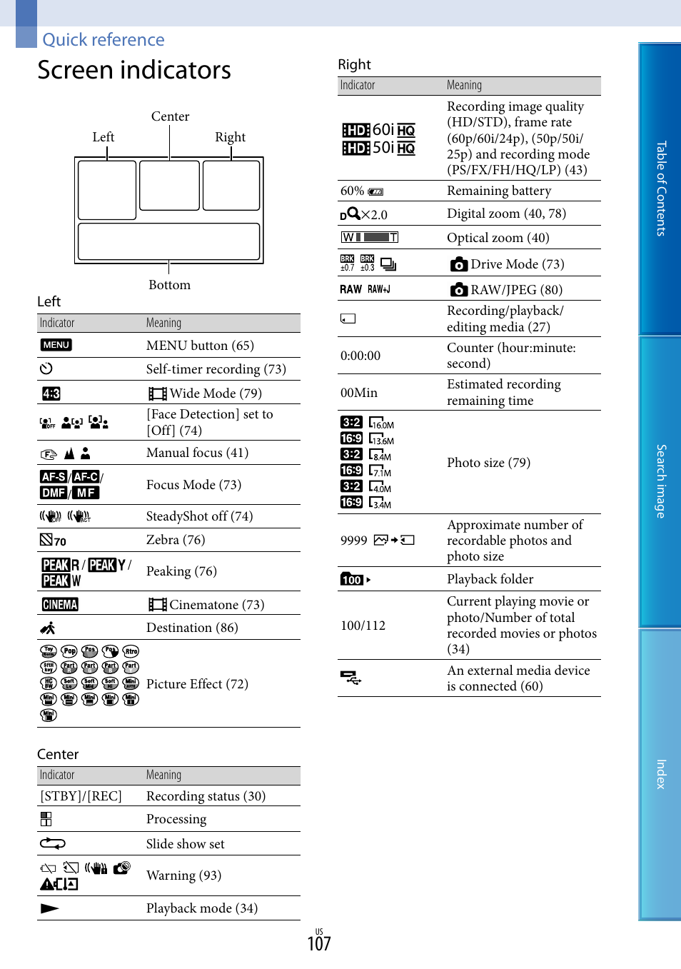 Quick reference, Screen indicators, 60i 50i | Sony NEX-VG30H User Manual | Page 107 / 116