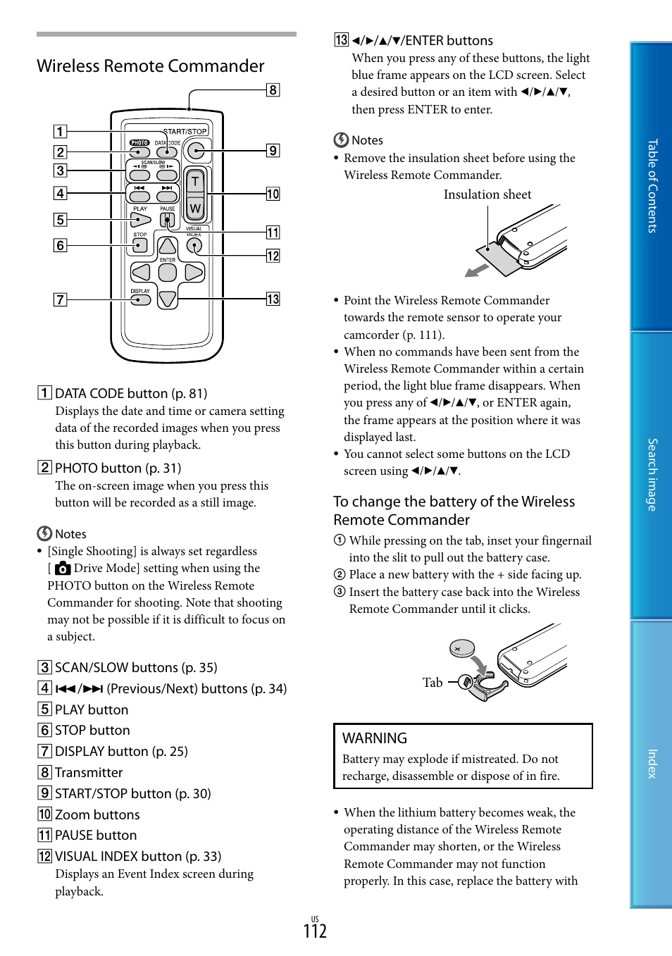 112) t, Wireless remote commander, Warning | Sony NEX-VG30H User Manual | Page 112 / 116