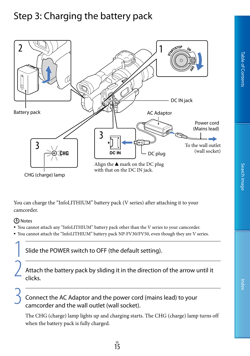 Step 3: charging the battery pack | Sony NEX-VG30H User Manual | Page 15 / 116
