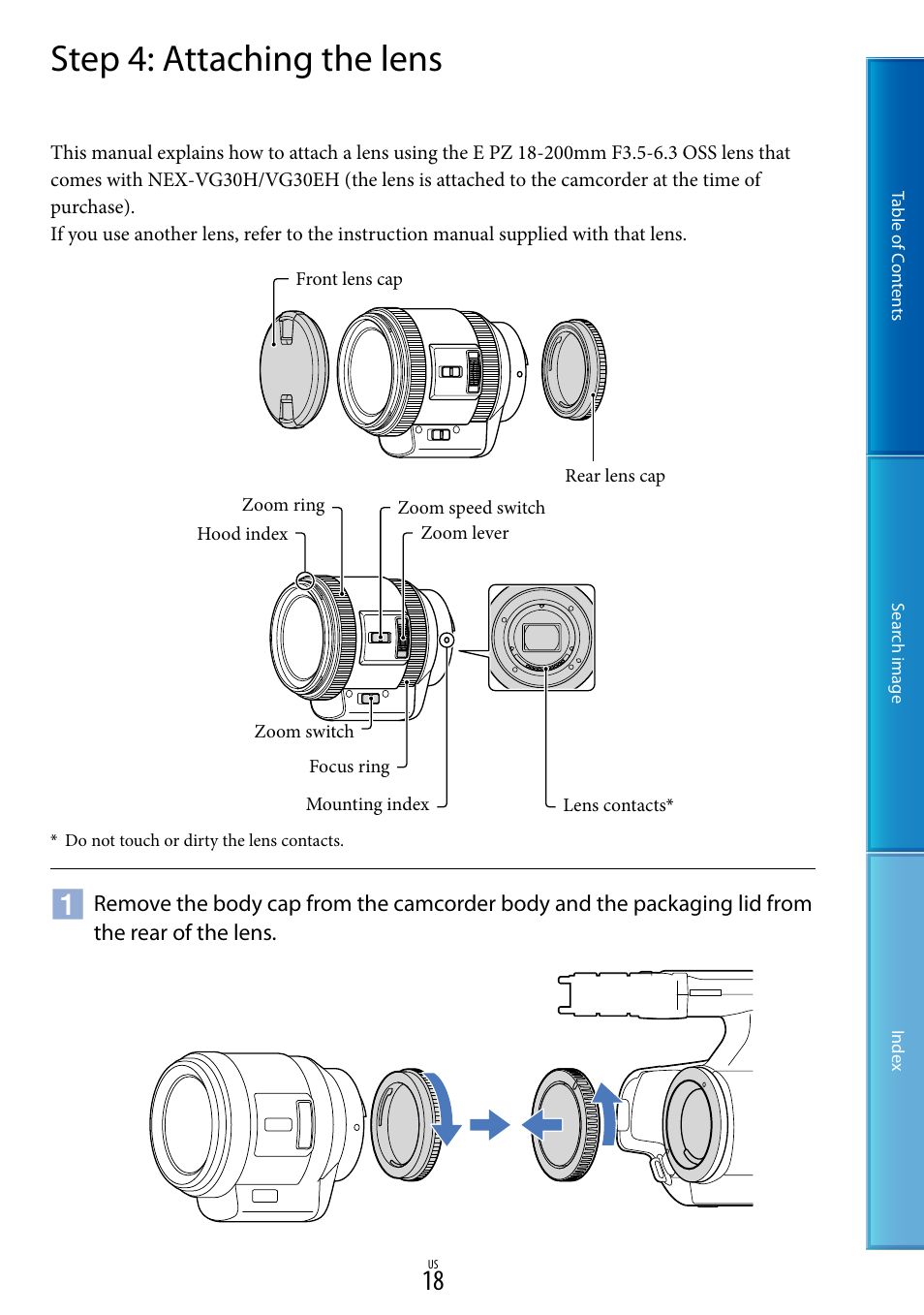 Step 4: attaching the lens | Sony NEX-VG30H User Manual | Page 18 / 116