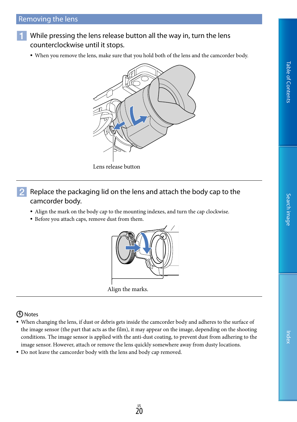 Removing the lens | Sony NEX-VG30H User Manual | Page 20 / 116