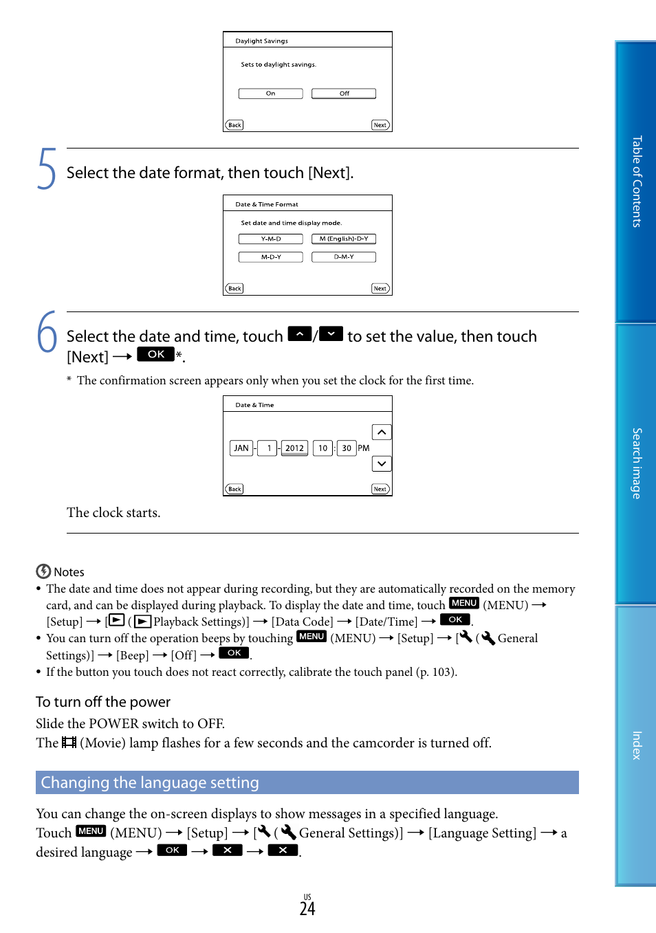 Changing the language setting | Sony NEX-VG30H User Manual | Page 24 / 116