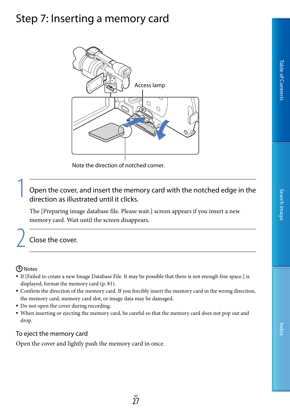 Step 7: inserting a memory card | Sony NEX-VG30H User Manual | Page 27 / 116