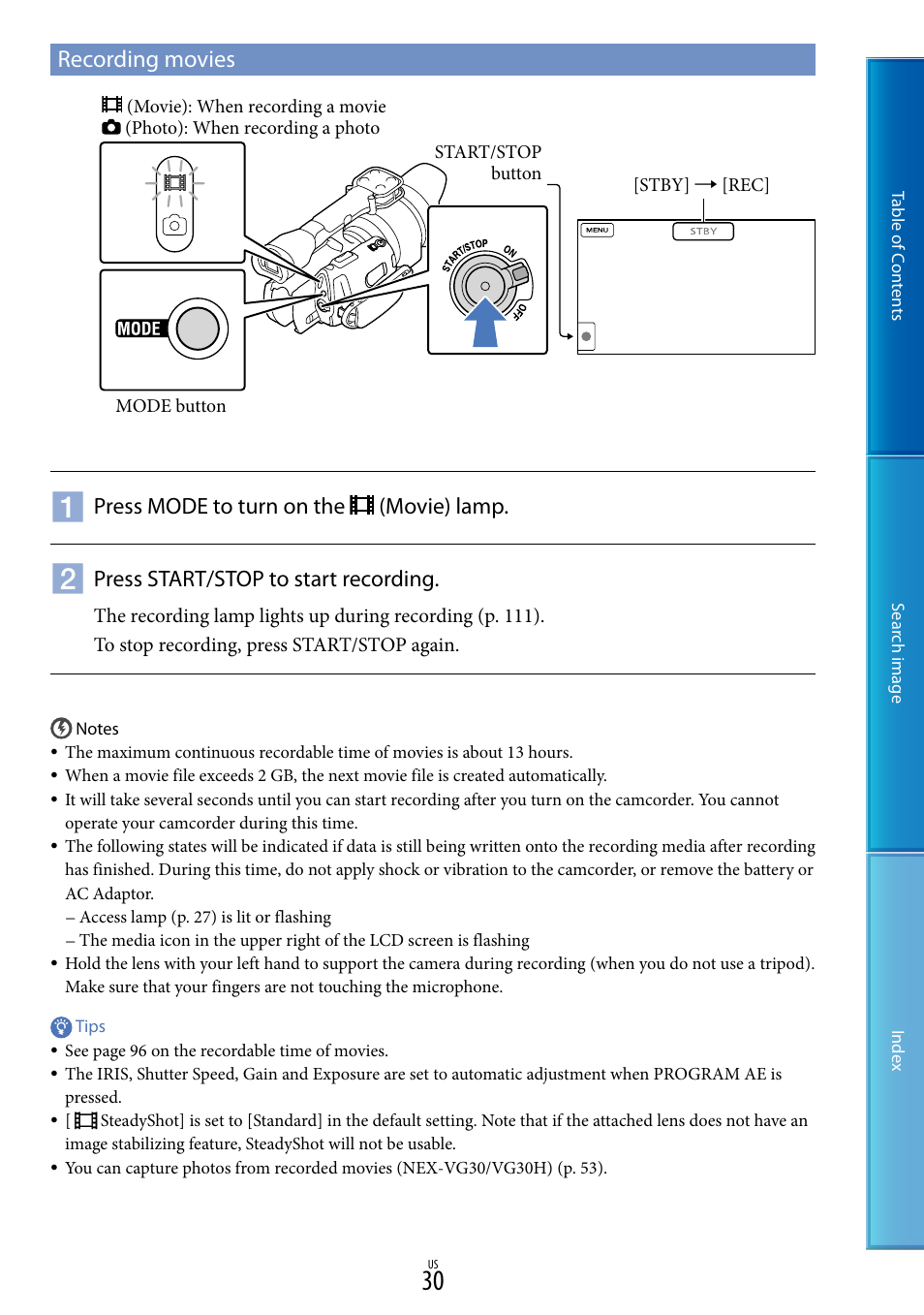 Recording movies, Press mode to turn on the (movie) lamp, Press start/stop to start recording | Sony NEX-VG30H User Manual | Page 30 / 116