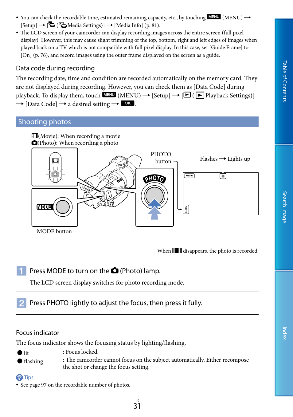 Shooting photos | Sony NEX-VG30H User Manual | Page 31 / 116