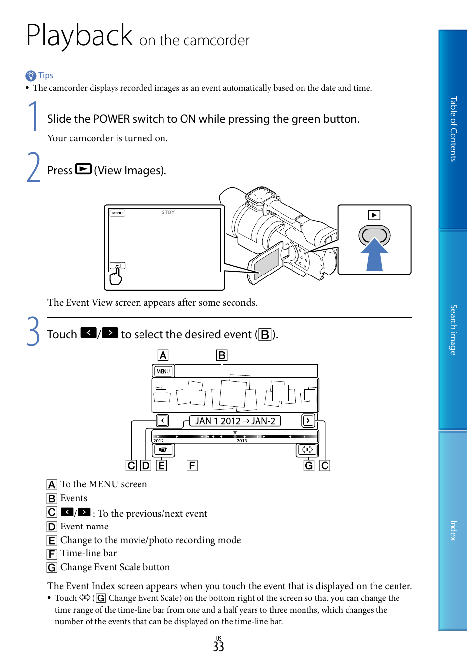 Playback on the camcorder, Playback, On.the.camcorder | Sony NEX-VG30H User Manual | Page 33 / 116