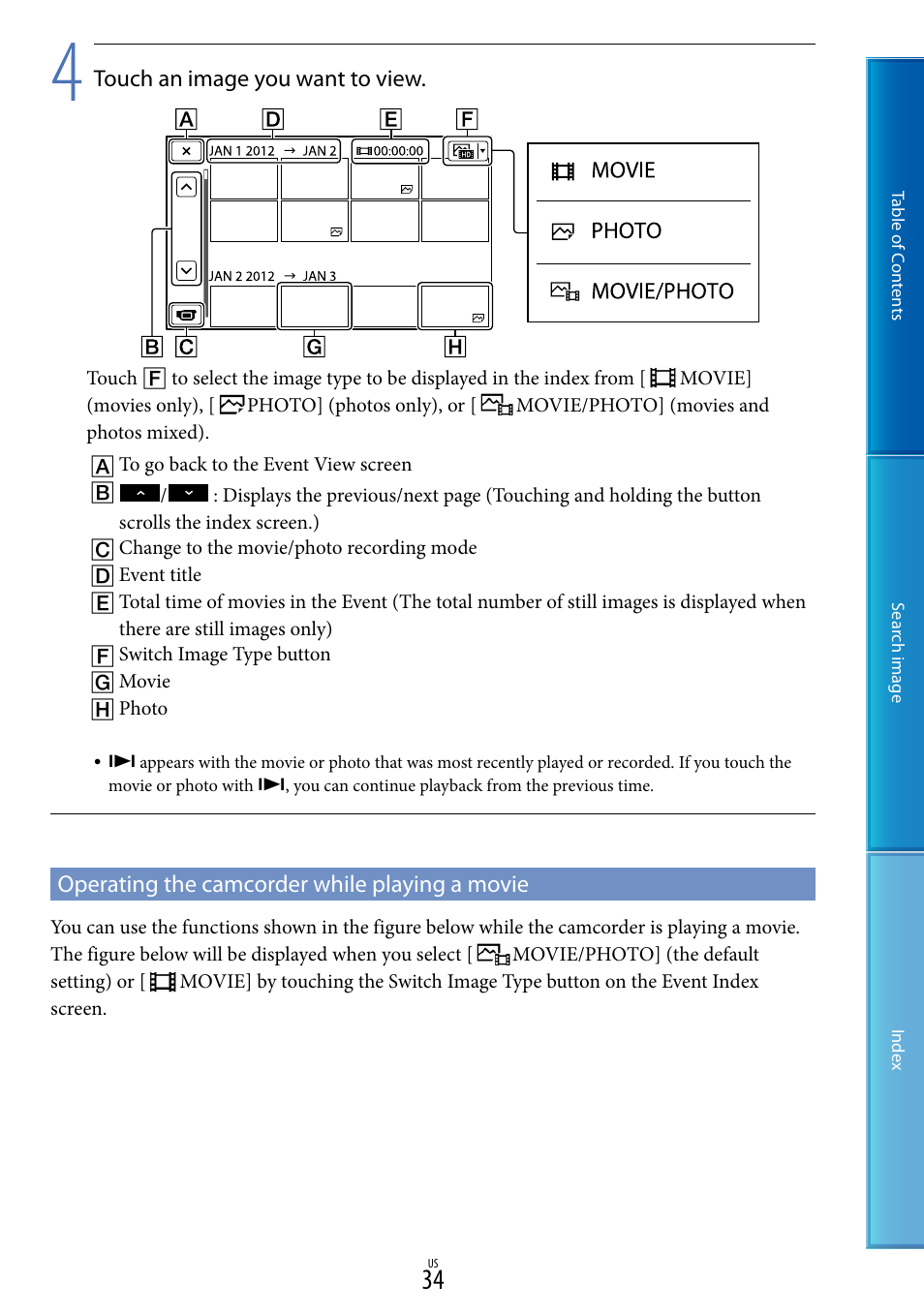 Operating the camcorder while playing a movie | Sony NEX-VG30H User Manual | Page 34 / 116