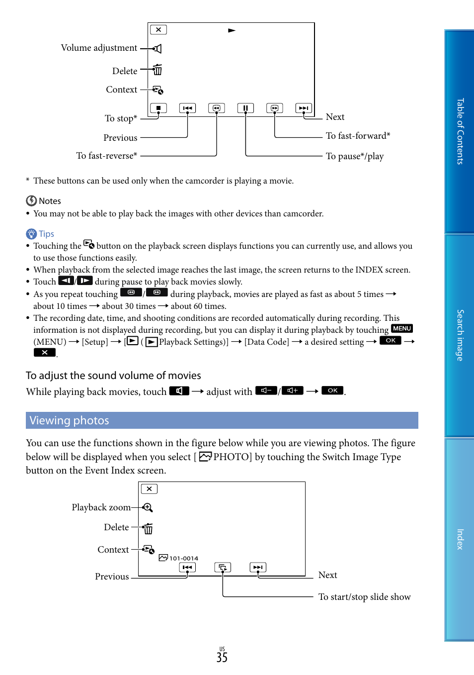 Viewing photos | Sony NEX-VG30H User Manual | Page 35 / 116