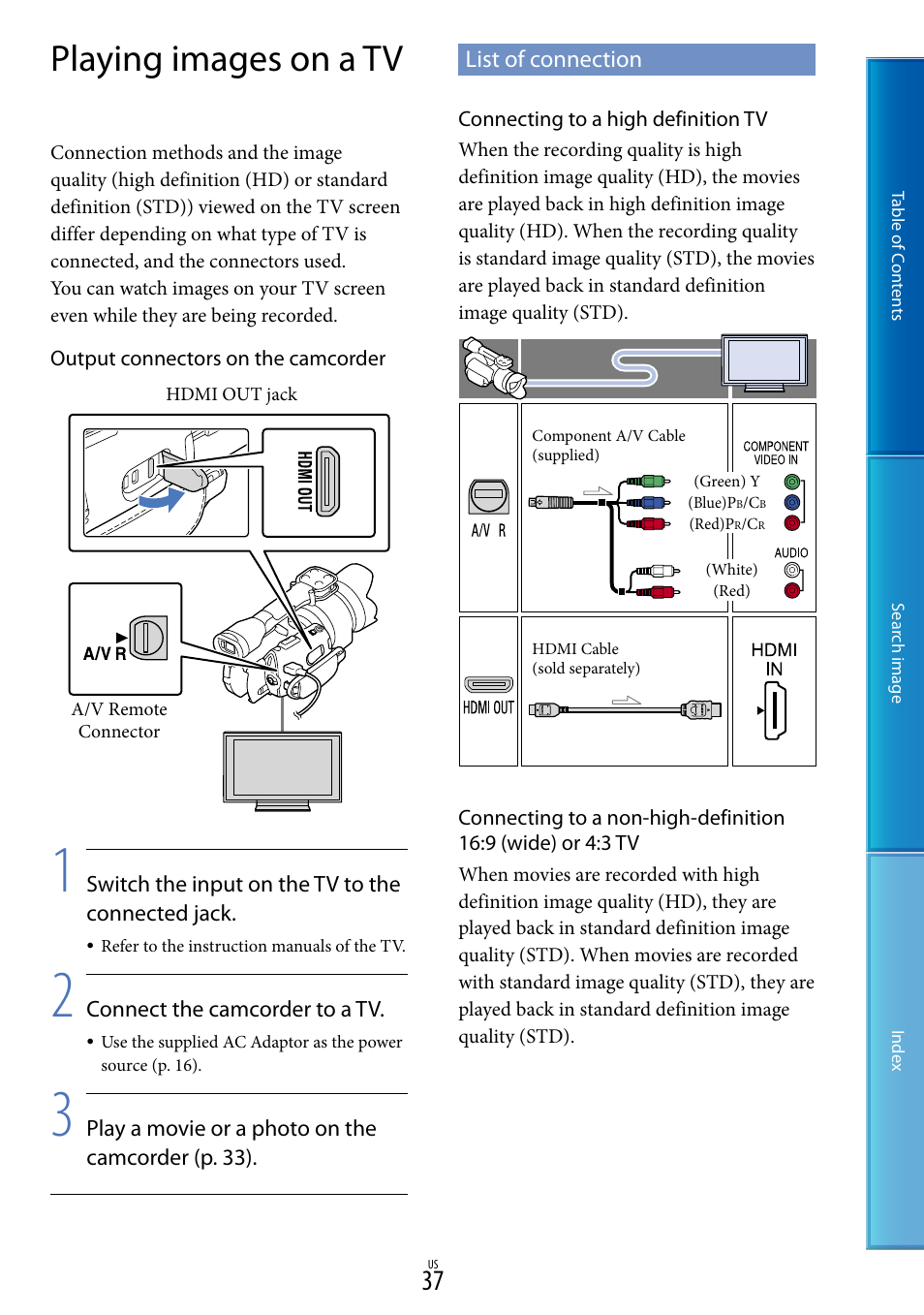 Playing images on a tv, List of connection | Sony NEX-VG30H User Manual | Page 37 / 116