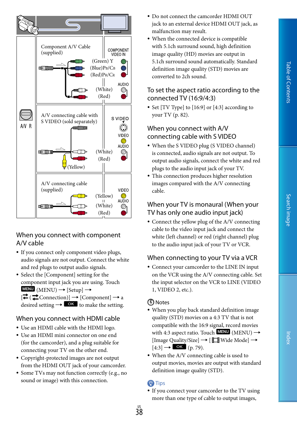 When you connect with component a/v cable, When you connect with hdmi cable, When connecting to your tv via a vcr | Sony NEX-VG30H User Manual | Page 38 / 116