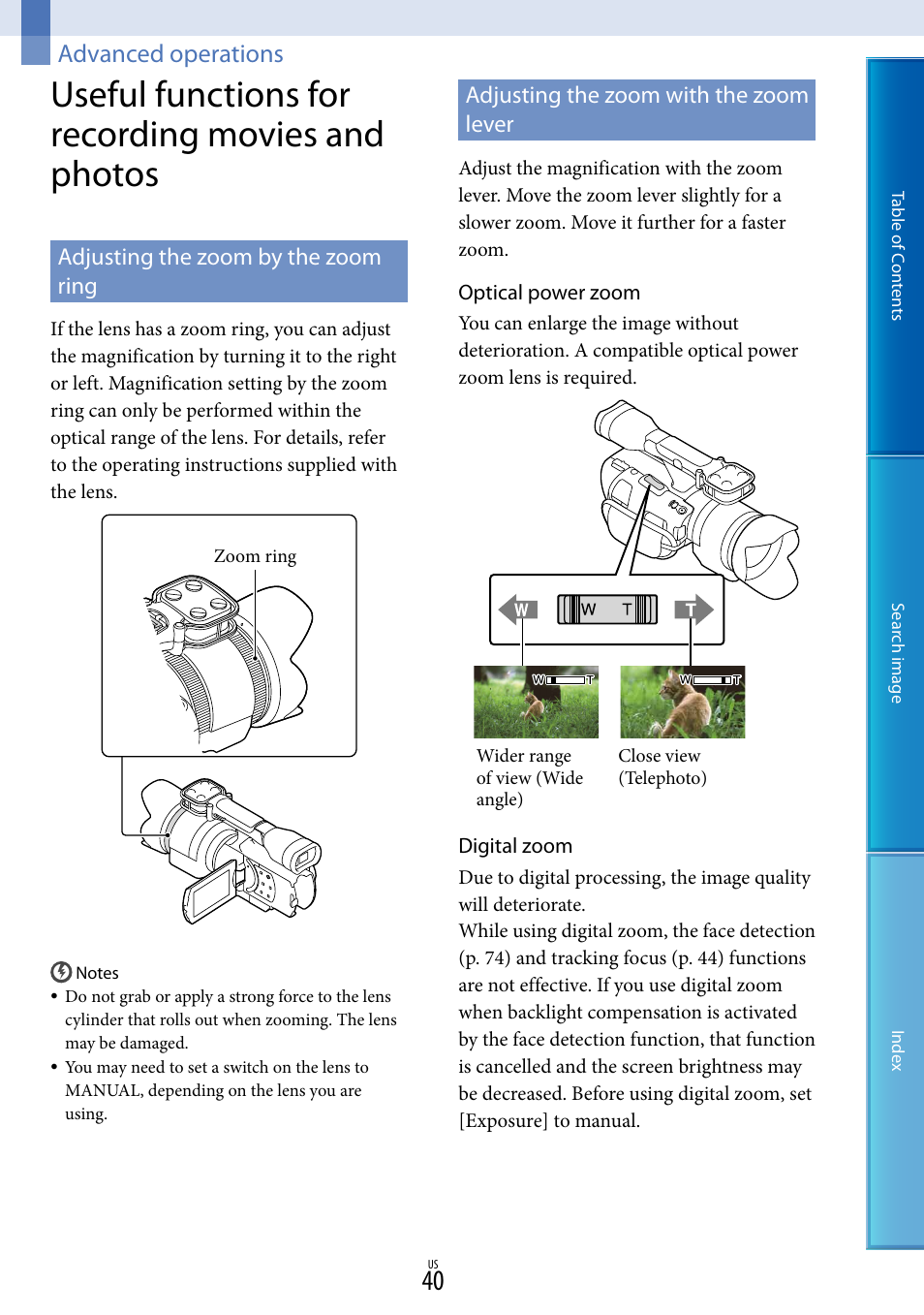 Advanced operations, Useful functions for recording movies and photos, Adjusting the zoom by the zoom ring | Adjusting the zoom with the zoom lever | Sony NEX-VG30H User Manual | Page 40 / 116