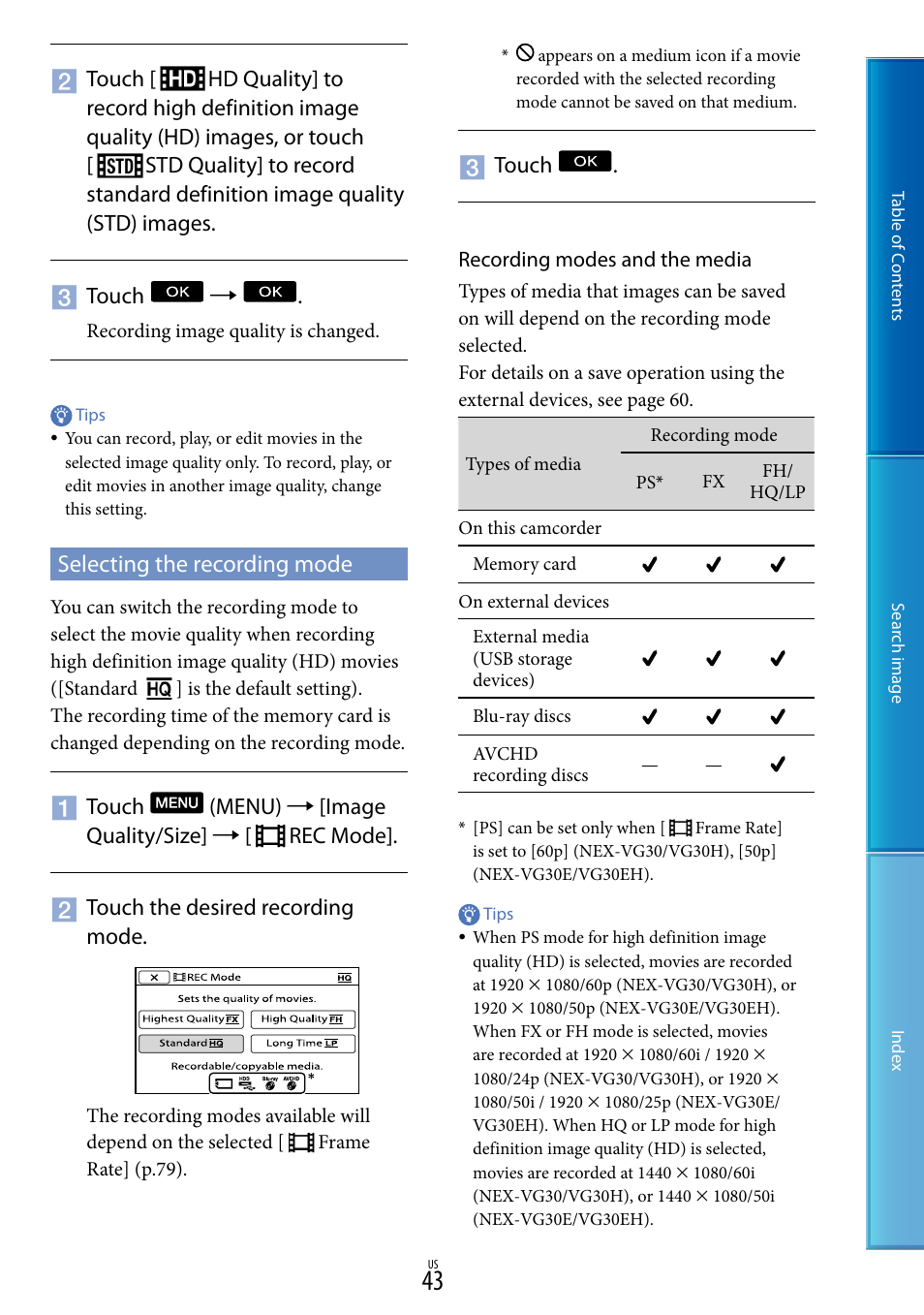 Selecting the recording mode | Sony NEX-VG30H User Manual | Page 43 / 116