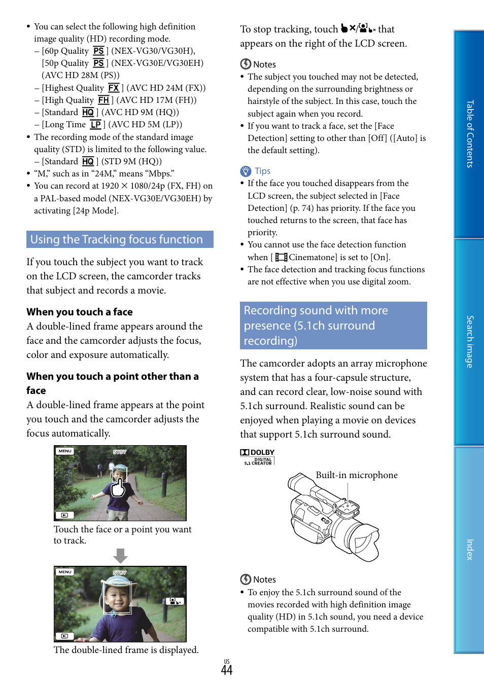 Using the tracking focus function, D (44) | Sony NEX-VG30H User Manual | Page 44 / 116