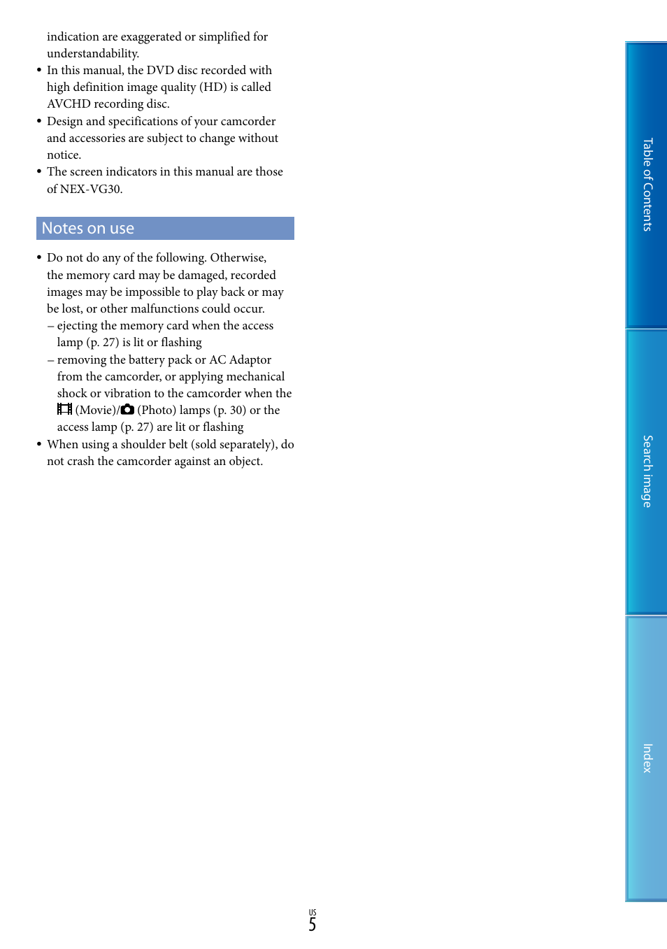 Notes on use | Sony NEX-VG30H User Manual | Page 5 / 116