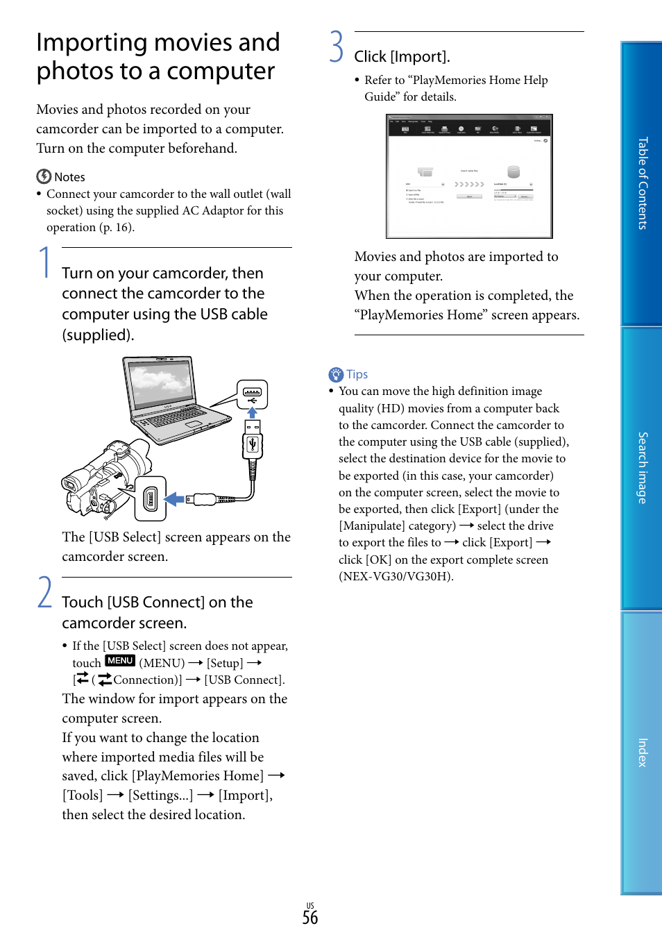 Importing movies and photos to a computer | Sony NEX-VG30H User Manual | Page 56 / 116