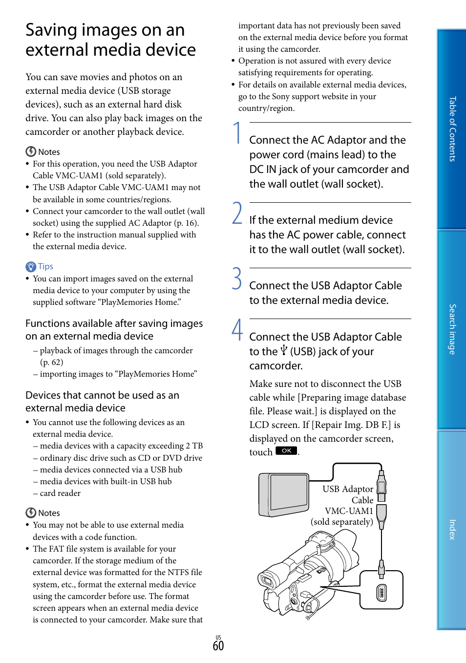 Saving images on an external media device, E 60 | Sony NEX-VG30H User Manual | Page 60 / 116