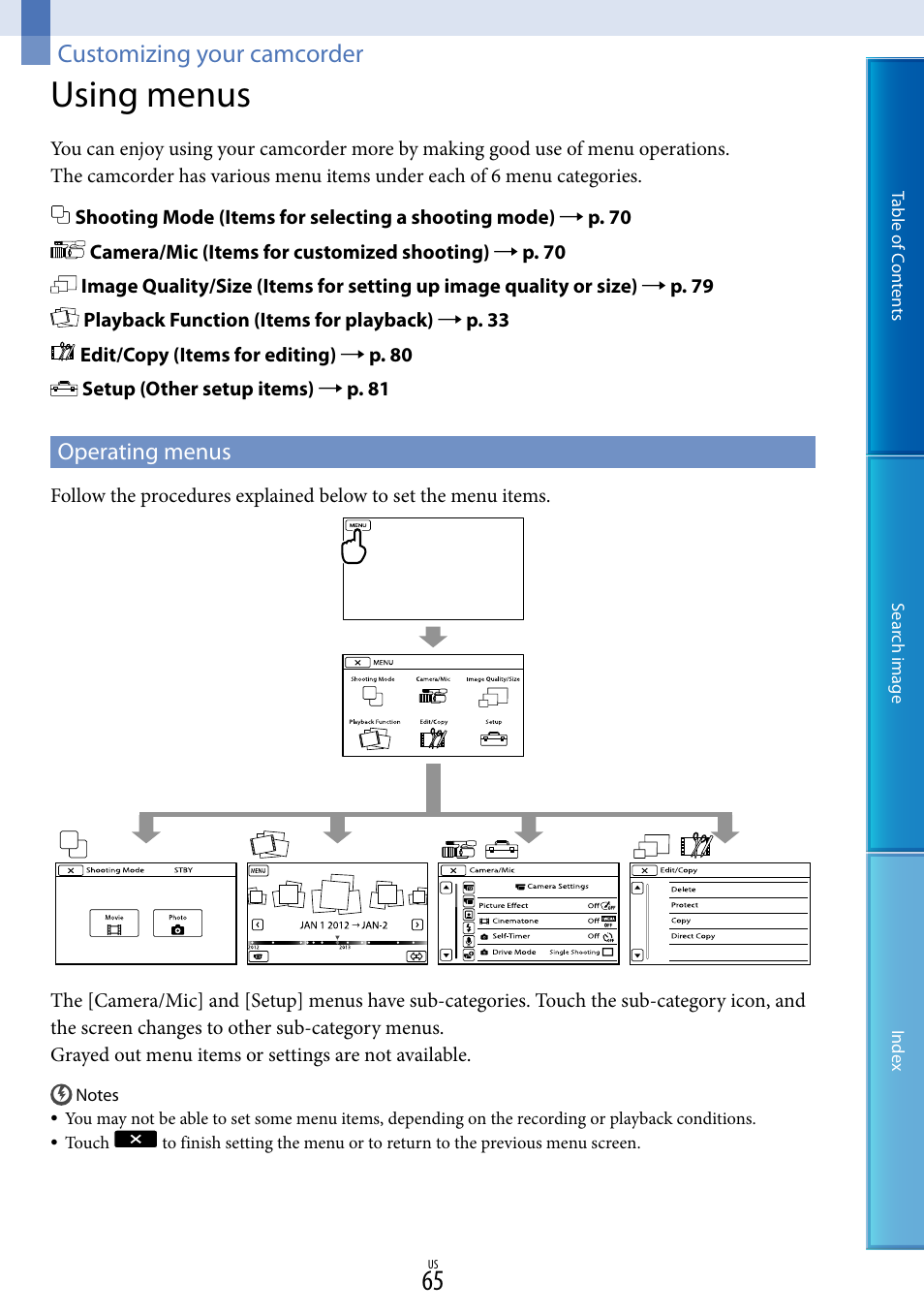 Customizing your camcorder, Using menus, Operating menus | Sony NEX-VG30H User Manual | Page 65 / 116