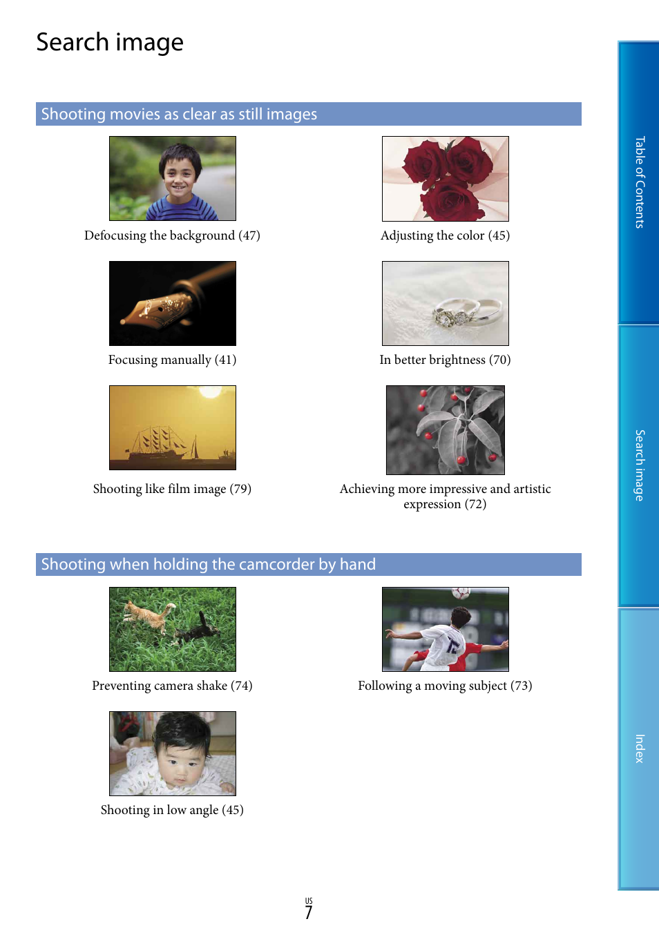 Search image, Shooting movies as clear as still images, Shooting when holding the camcorder by hand | Sony NEX-VG30H User Manual | Page 7 / 116