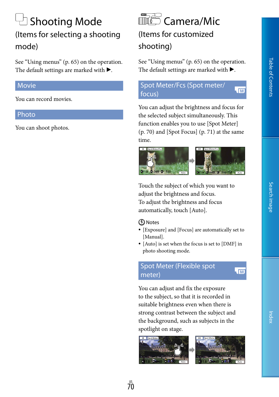 Camera/mic (items for customized shooting), S (70), Shooting mode | Items for selecting a shooting mode), Camera/mic, Items for customized shooting) | Sony NEX-VG30H User Manual | Page 70 / 116