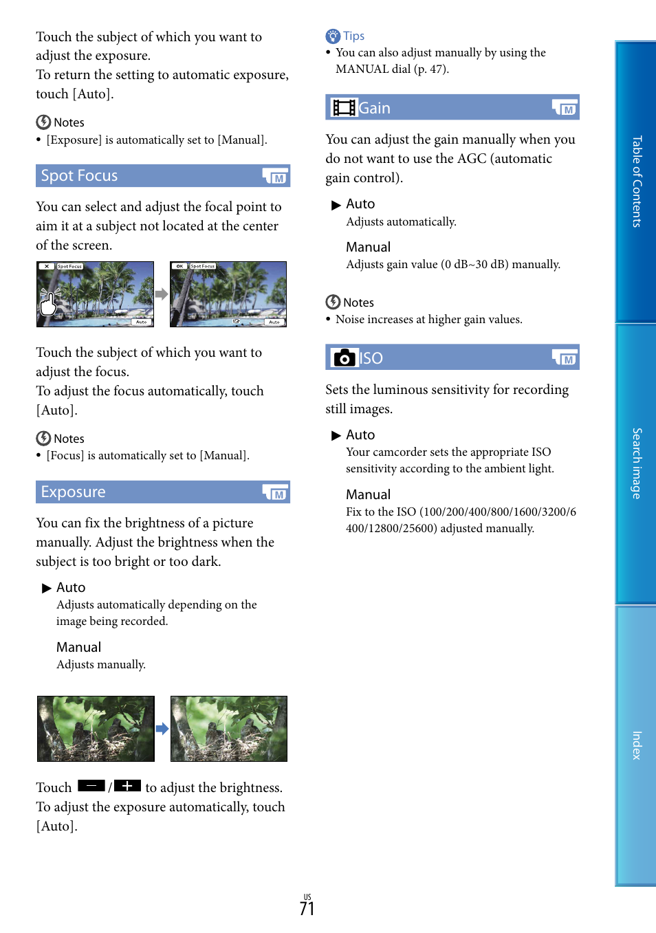 71) a, Spot focus, Exposure | Gain | Sony NEX-VG30H User Manual | Page 71 / 116