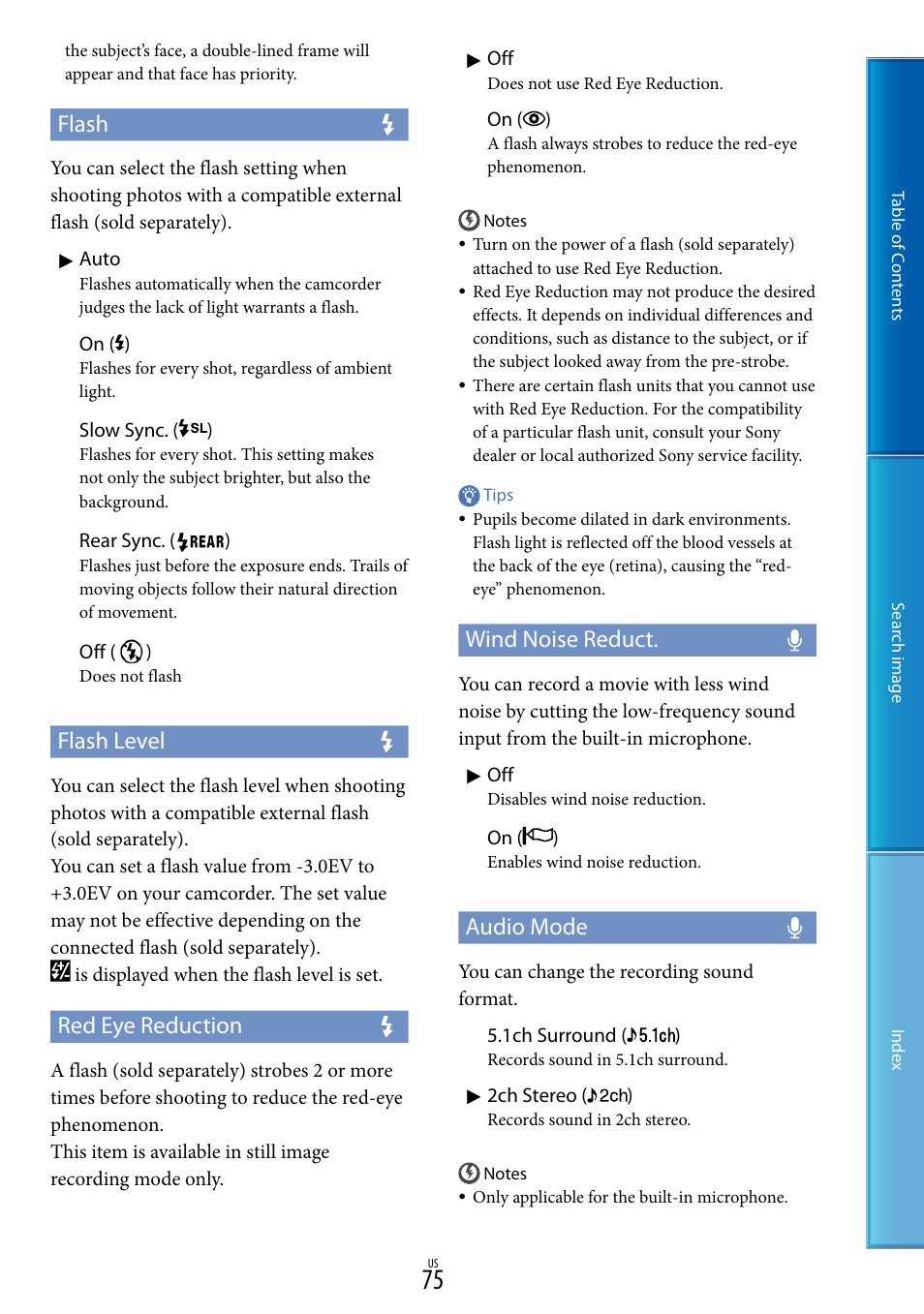 Flash, Flash level, Red eye reduction | Wind noise reduct, Audio mode | Sony NEX-VG30H User Manual | Page 75 / 116