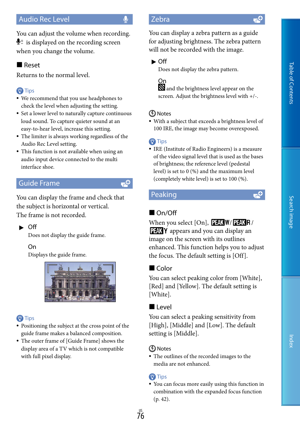 Y (76), L (76), Audio rec level | Guide frame, Zebra, Peaking | Sony NEX-VG30H User Manual | Page 76 / 116