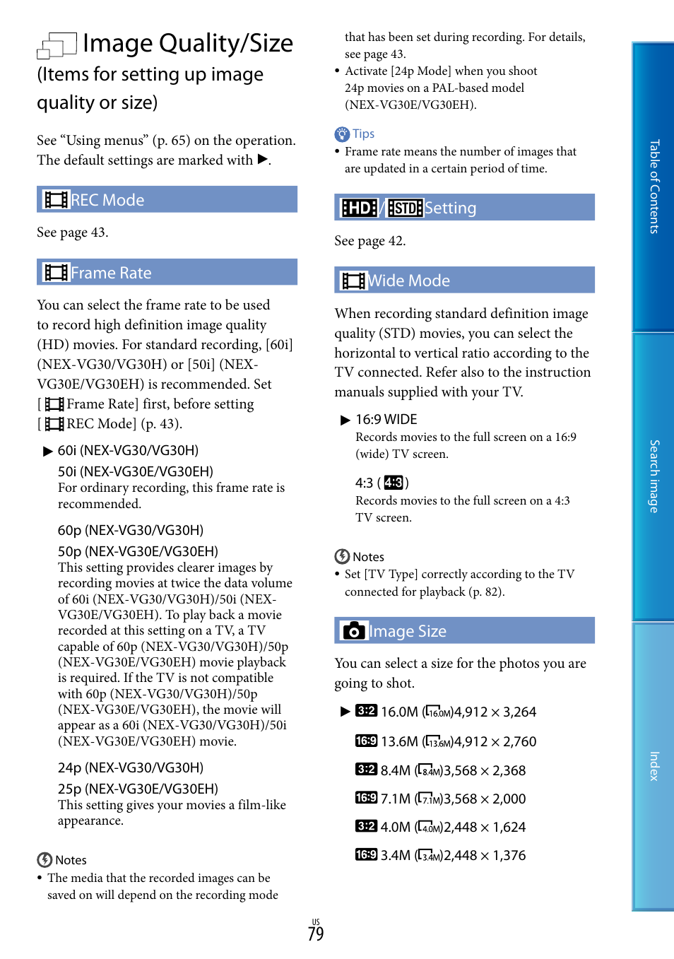 E (79), Image quality/size, Items for setting up image quality or size) | Rec mode, Frame rate, Setting, Wide mode, Image size | Sony NEX-VG30H User Manual | Page 79 / 116