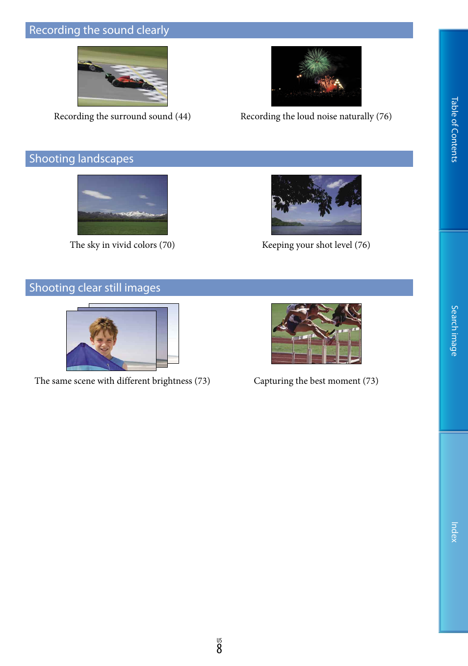 Recording the sound clearly, Shooting landscapes, Shooting clear still images | Sony NEX-VG30H User Manual | Page 8 / 116