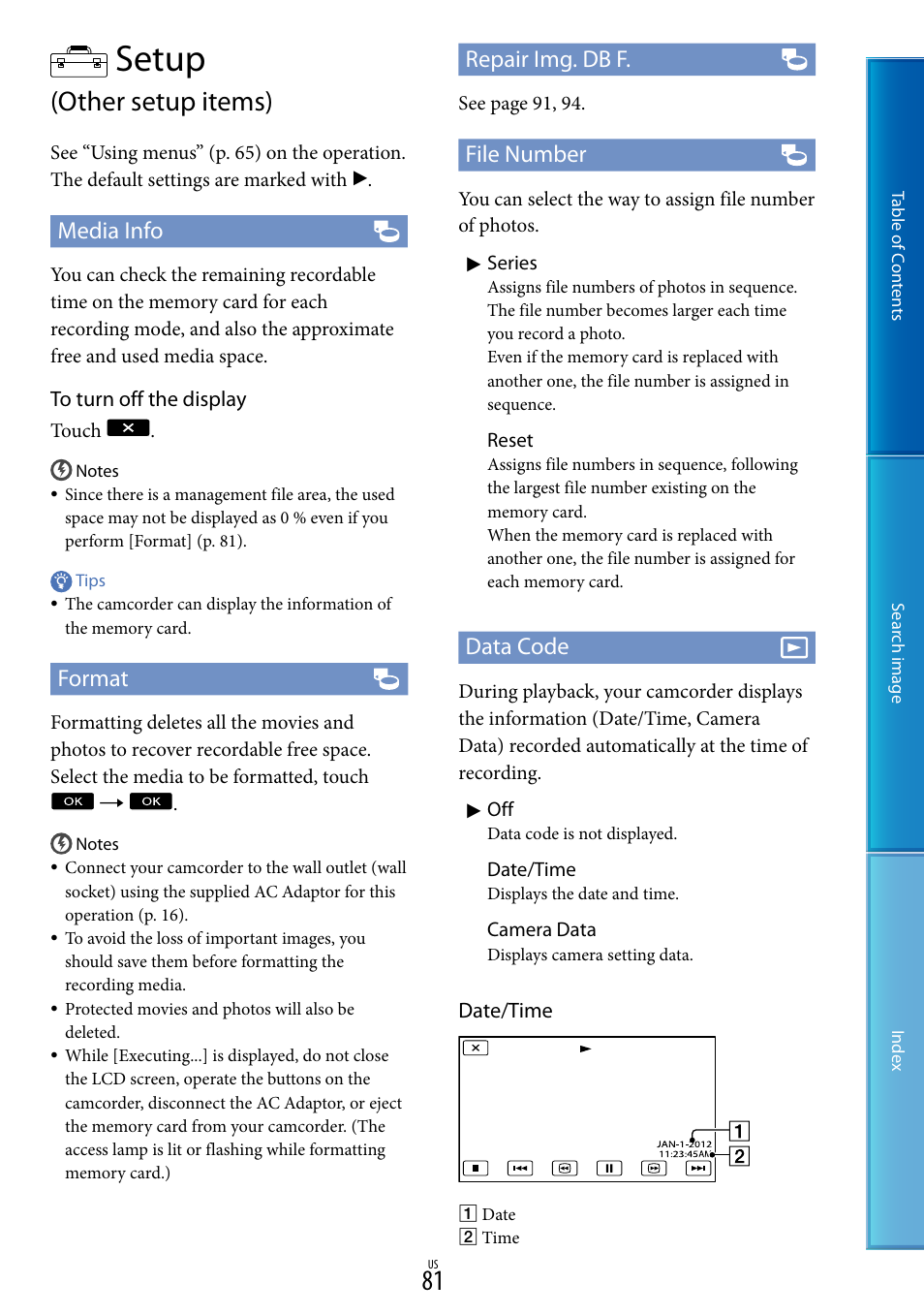 Setup (other setup items), 81). f, Setup | Other setup items), Media info, Format, Repair img. db f, File number, Data code | Sony NEX-VG30H User Manual | Page 81 / 116