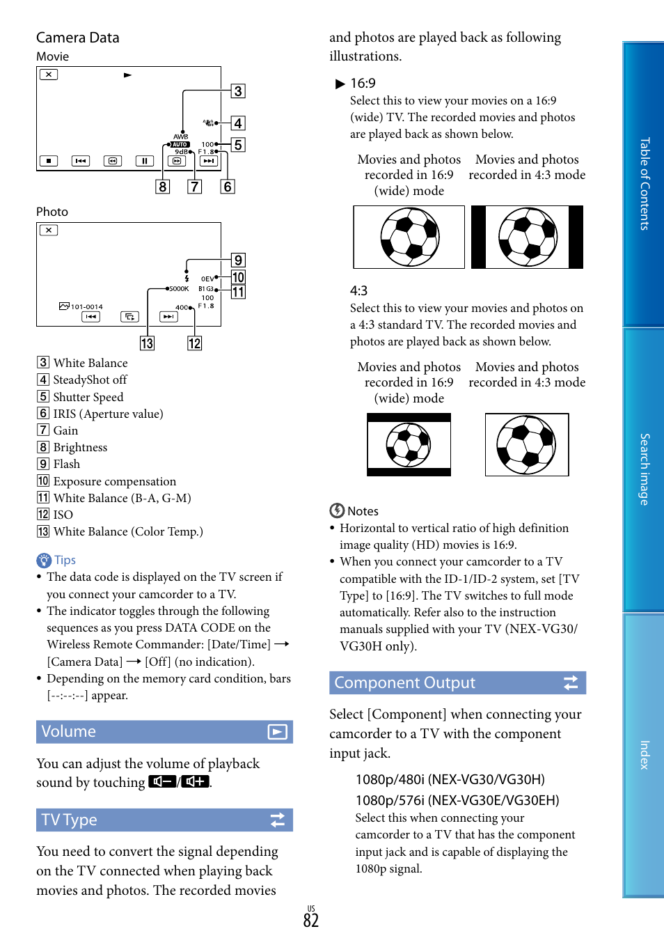 Volume, Tv type, Component output | Camera data | Sony NEX-VG30H User Manual | Page 82 / 116