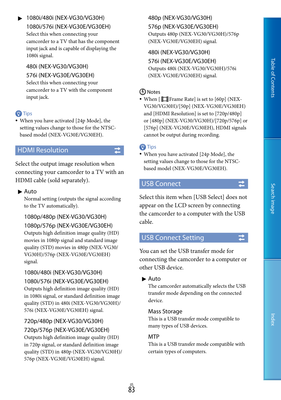Hdmi resolution, Usb connect, Usb connect setting | Sony NEX-VG30H User Manual | Page 83 / 116