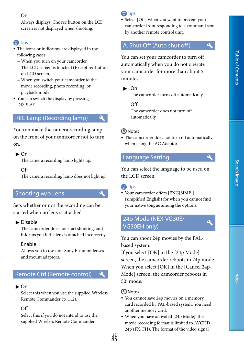 Rec lamp (recording lamp), Shooting w/o lens, Remote ctrl (remote control) | A. shut off (auto shut off), Language setting | Sony NEX-VG30H User Manual | Page 85 / 116