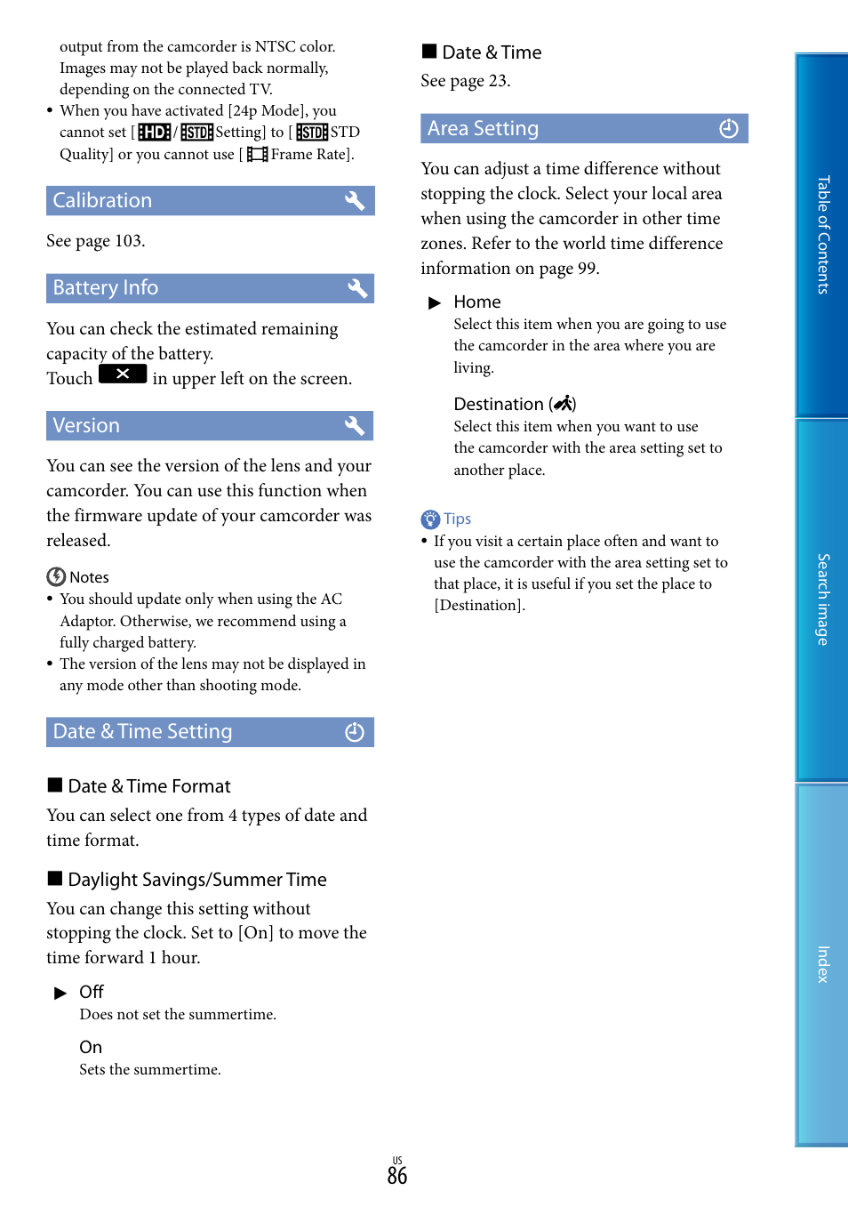 Calibration, Battery info, Version | Date & time setting, Area setting | Sony NEX-VG30H User Manual | Page 86 / 116