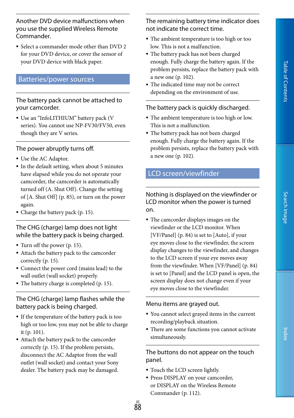 Batteries/power sources, Lcd screen/viewfinder | Sony NEX-VG30H User Manual | Page 88 / 116
