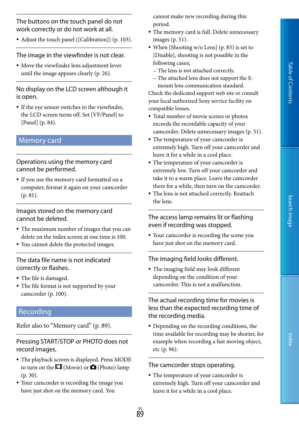 Memory card, Recording | Sony NEX-VG30H User Manual | Page 89 / 116