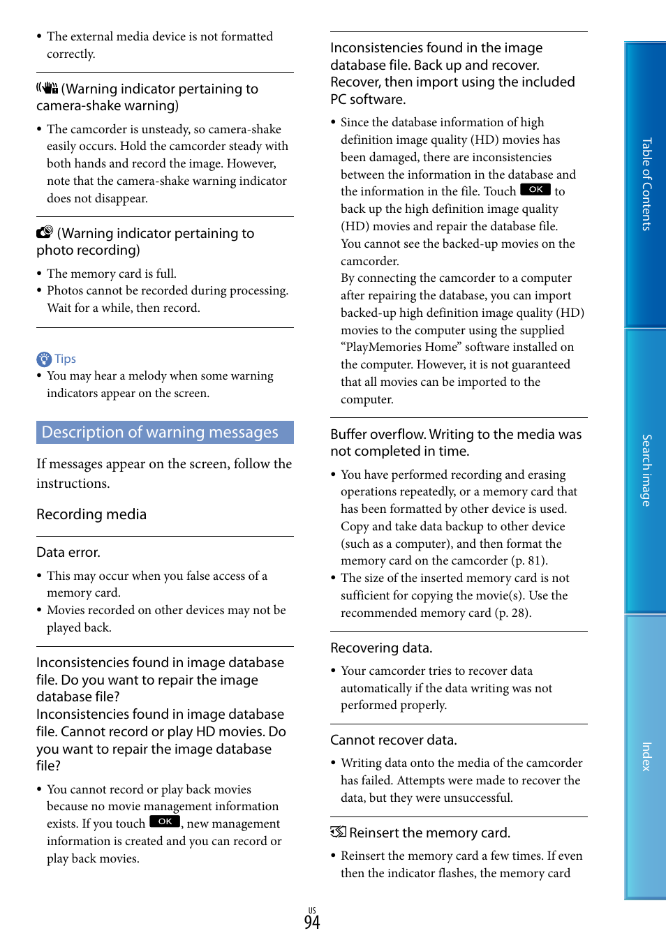 Description of warning messages, Recording media | Sony NEX-VG30H User Manual | Page 94 / 116