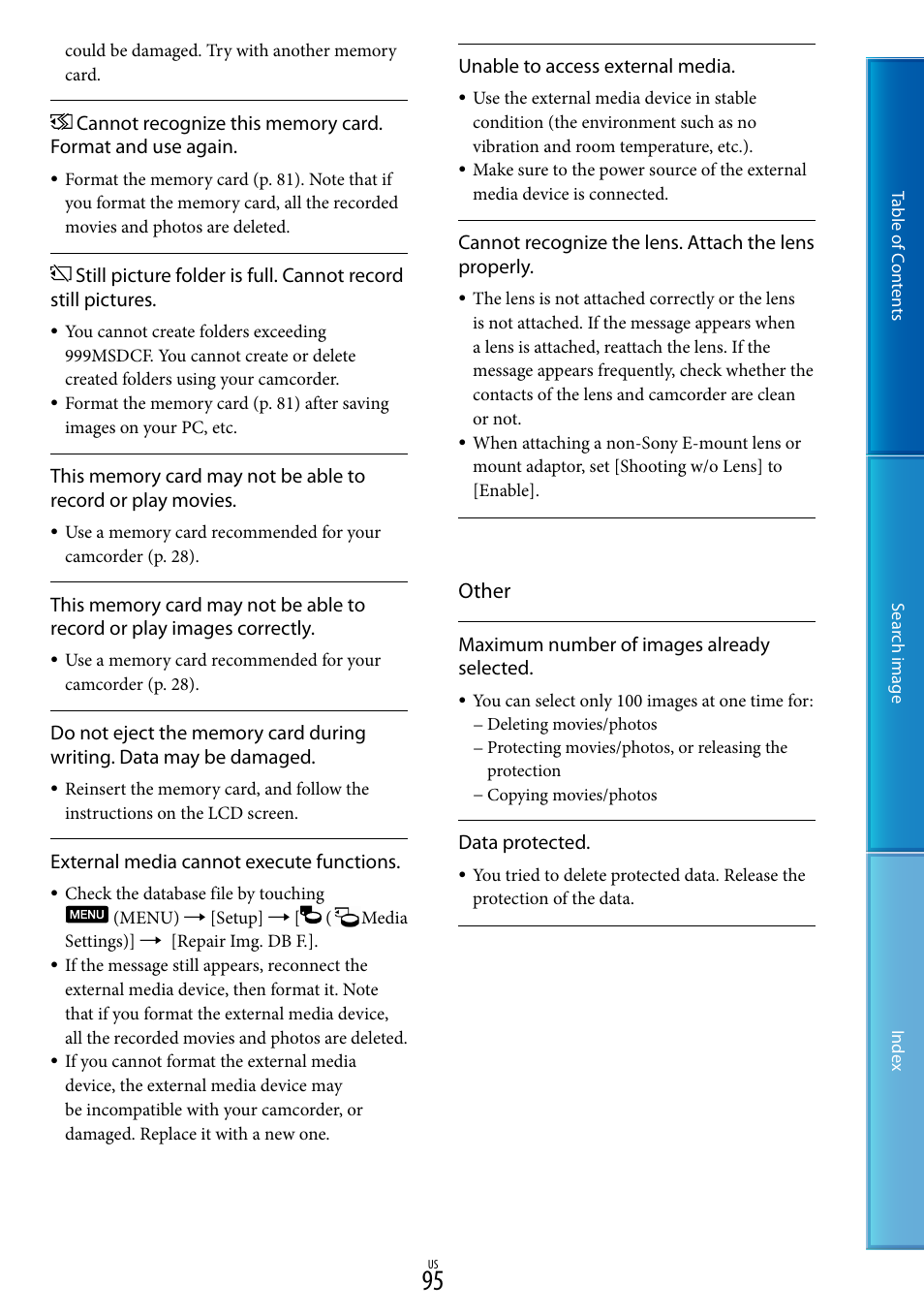 O 95), and, Other | Sony NEX-VG30H User Manual | Page 95 / 116