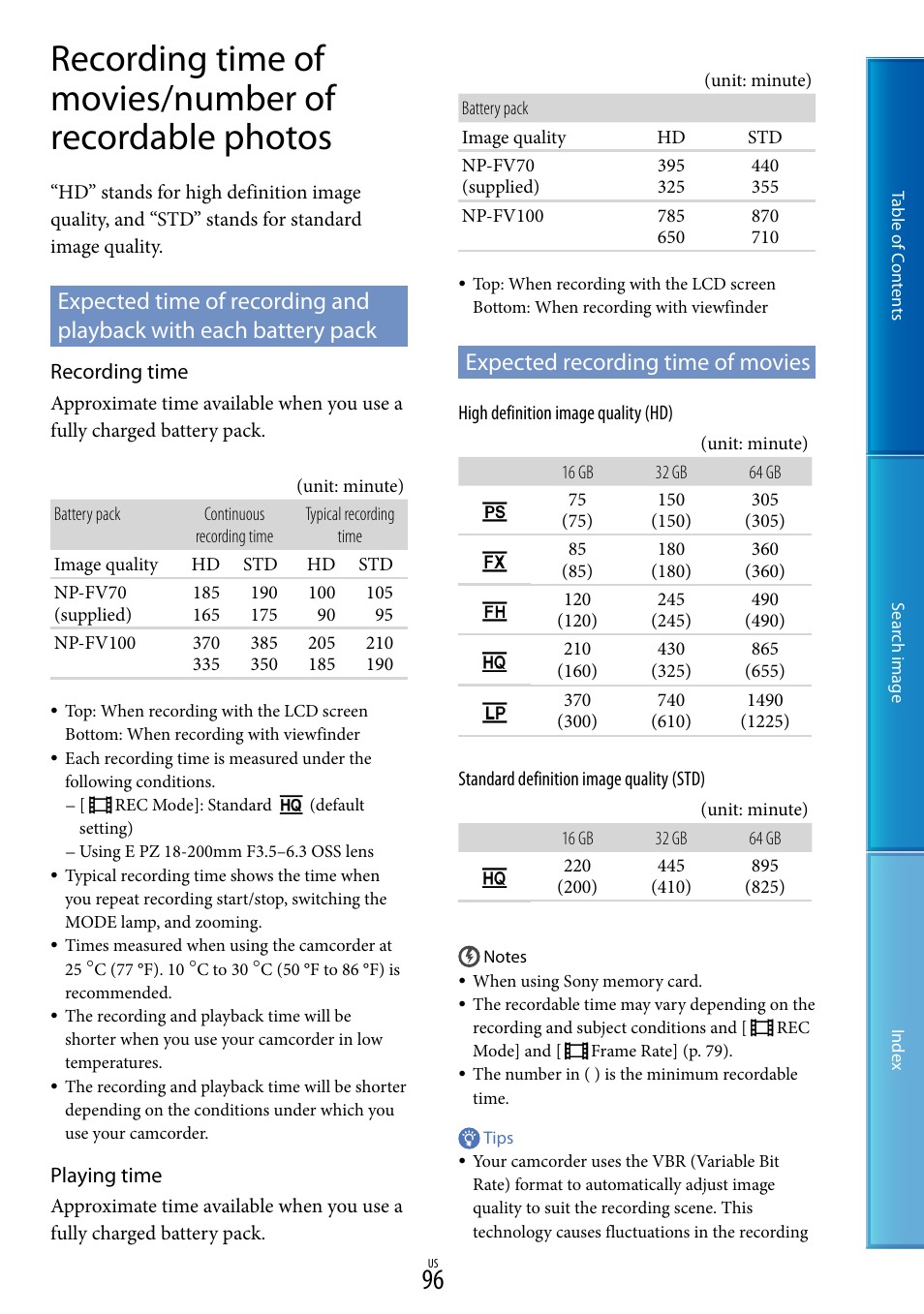 Expected recording time of movies, E 96 o | Sony NEX-VG30H User Manual | Page 96 / 116