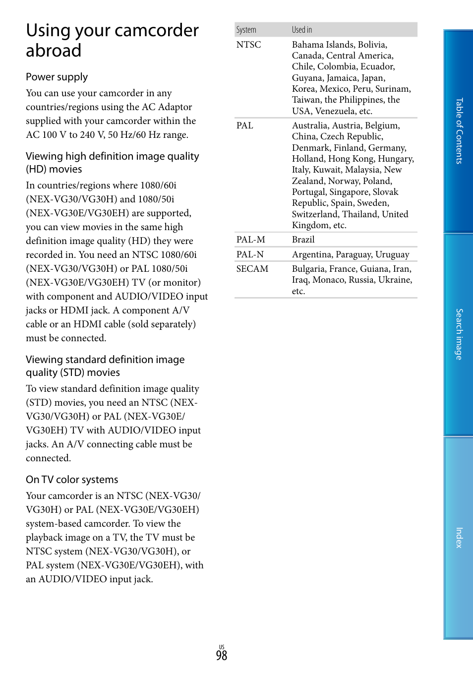 Using your camcorder abroad | Sony NEX-VG30H User Manual | Page 98 / 116