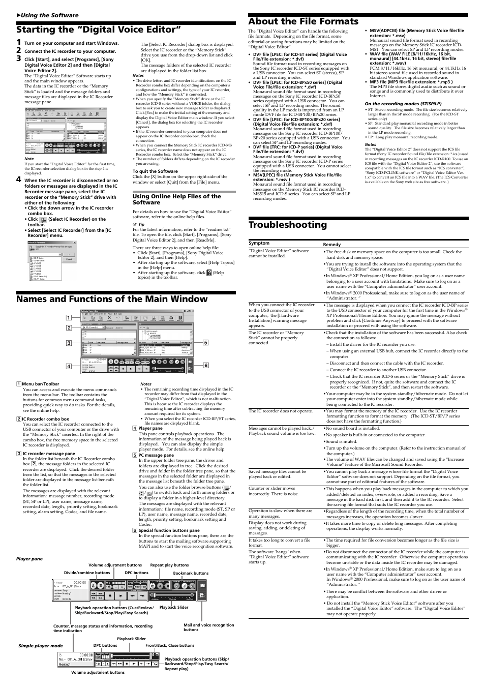 Troubleshooting, About the file formats | Sony ICD-BP150VTP User Manual | Page 2 / 2