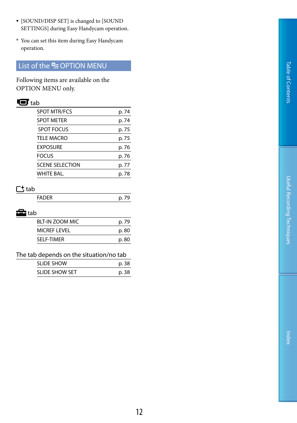List of the option menu | Sony DCR-SX60 User Manual | Page 12 / 101