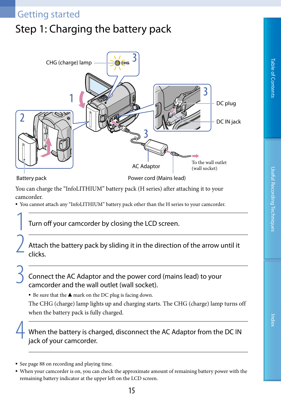 Getting started, Step 1: charging the battery pack, Y pack (15) | Ge) lamp (15), Dc in jack (15) | Sony DCR-SX60 User Manual | Page 15 / 101
