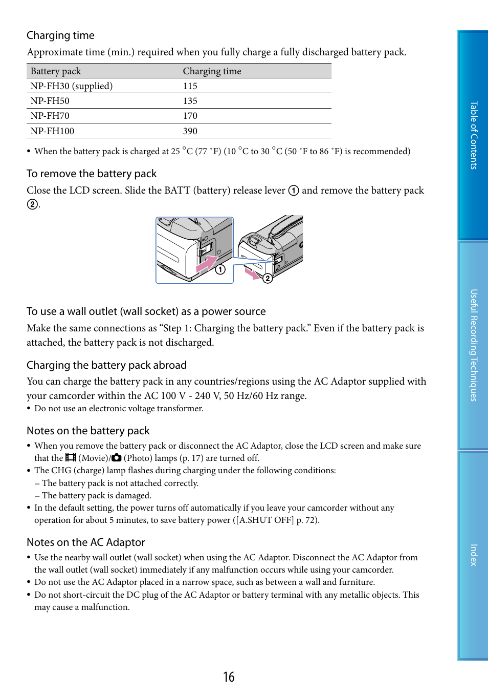 Er (16), Charging time, Charging the battery pack abroad | Sony DCR-SX60 User Manual | Page 16 / 101