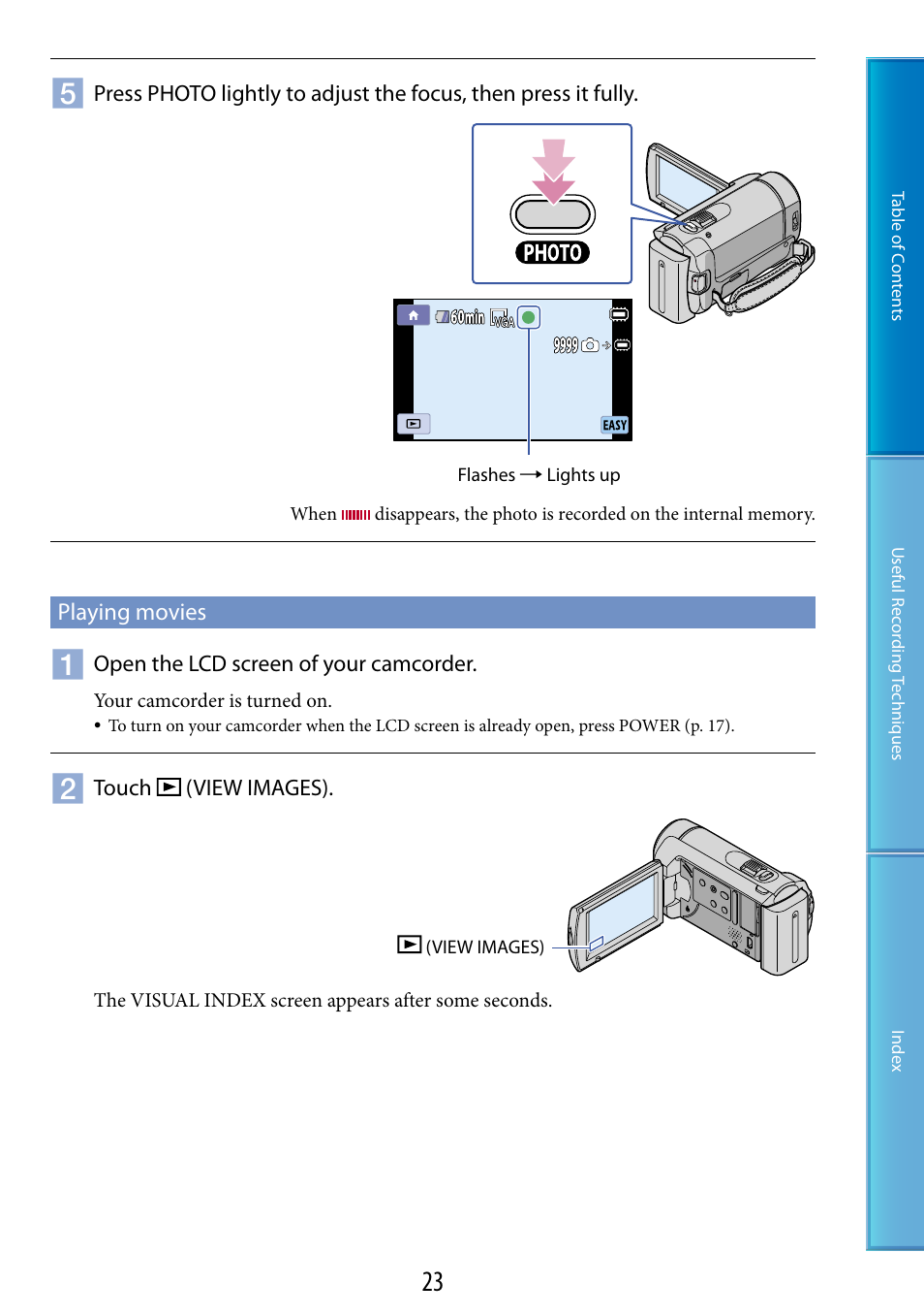 Playing movies, On (23, 28), A (23, 28) | Sony DCR-SX60 User Manual | Page 23 / 101