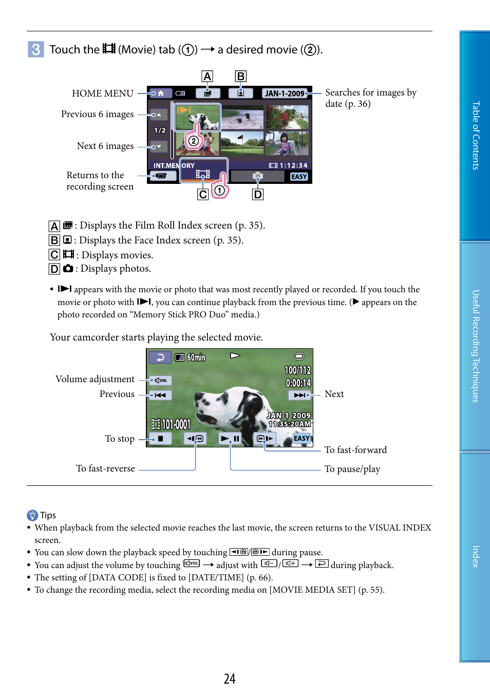 De (24, 33), Touch the (movie) tab ()  a desired movie () | Sony DCR-SX60 User Manual | Page 24 / 101