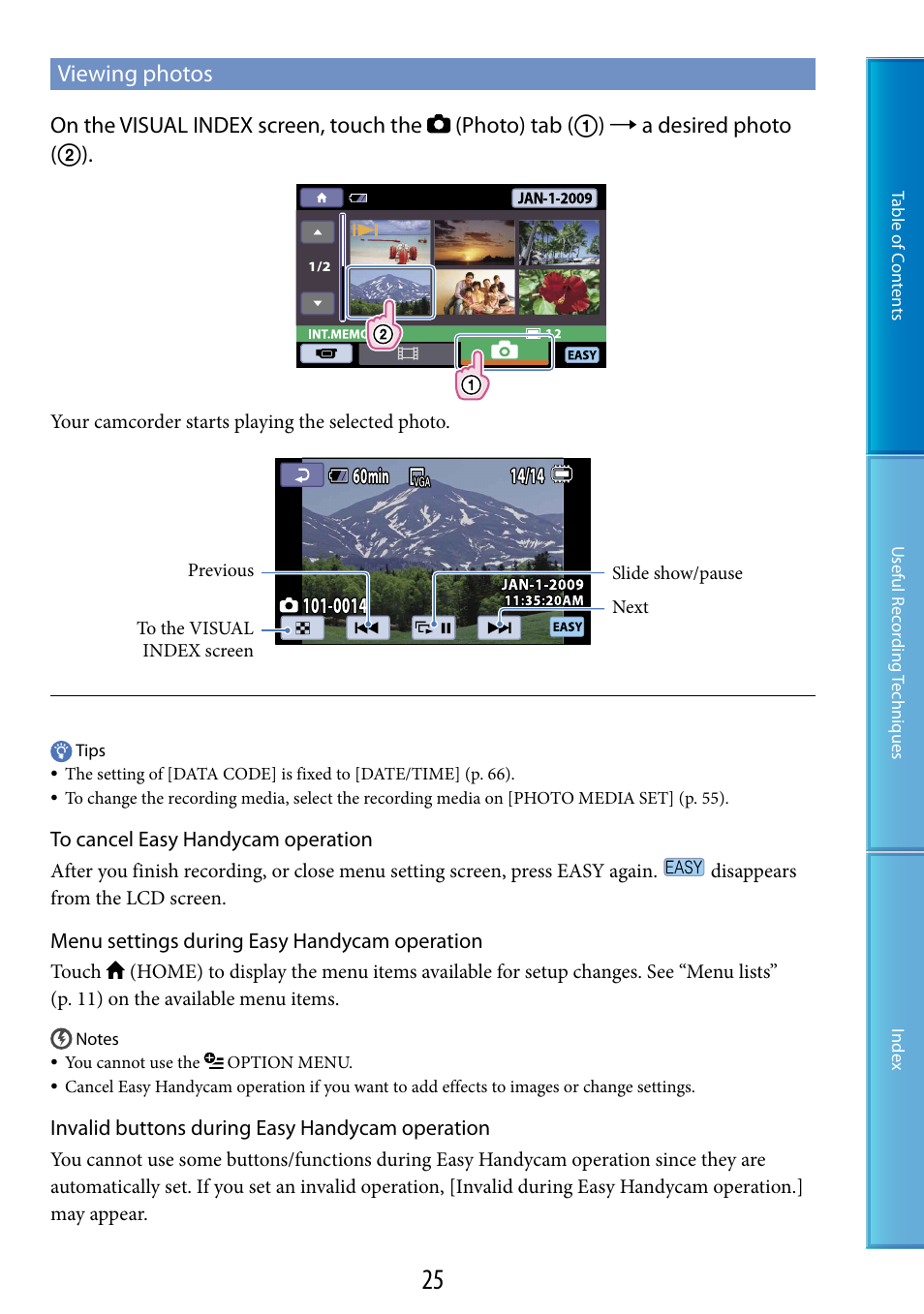 Viewing photos, E (25, 33) | Sony DCR-SX60 User Manual | Page 25 / 101
