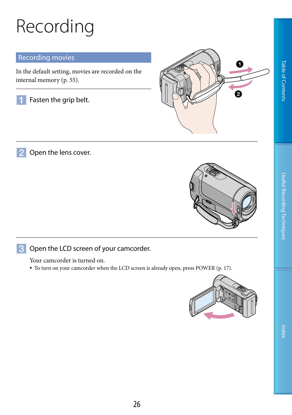 Recording, Recording movies | Sony DCR-SX60 User Manual | Page 26 / 101