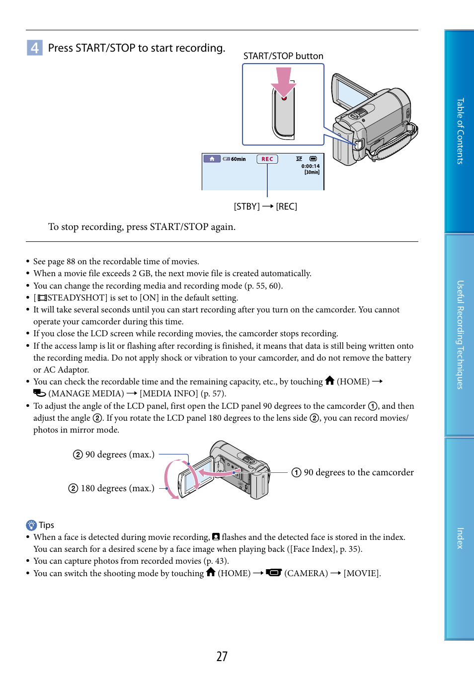 Press start/stop to start recording | Sony DCR-SX60 User Manual | Page 27 / 101