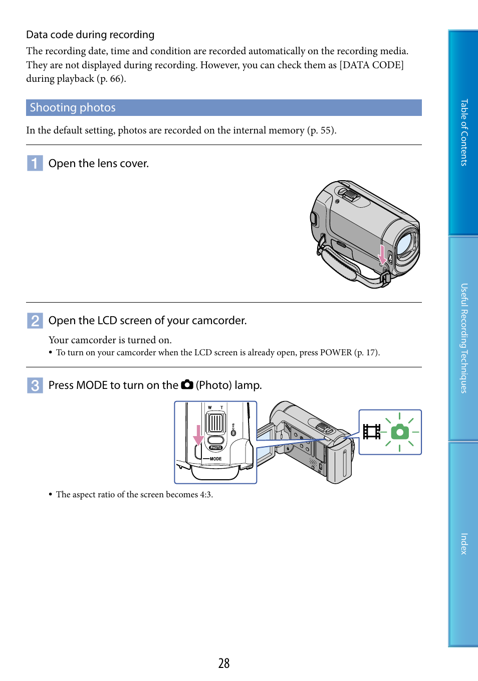 Shooting photos | Sony DCR-SX60 User Manual | Page 28 / 101